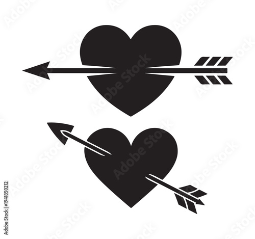 Cupid arrow piercing black heart silhouette for valentines day symbol and romantic tattoo designs