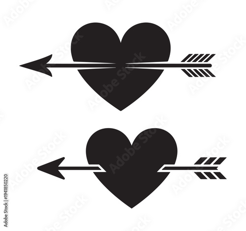 Heart with arrow icon set featuring horizontal piercing effect for romantic logos and valentines
