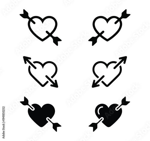 Heart with arrow icons, love symbol with crossed arrows, vector graphics for valentine's day