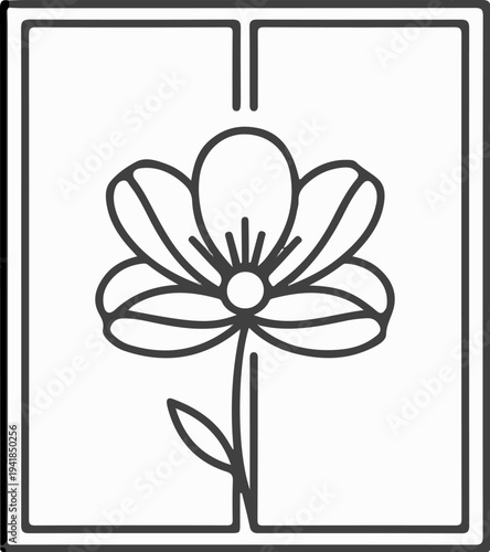 Stylized floral outline inside a geometric frame with vertical division