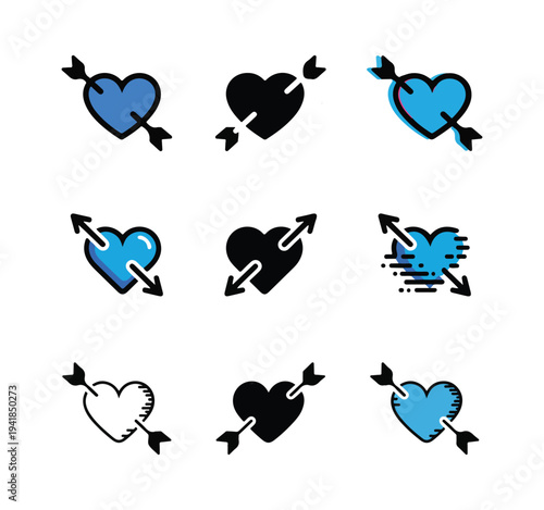 Blue heart with arrow icon collection including hand drawn and digital glitch style design assets