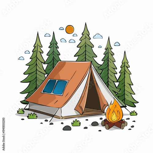 Camping Tent with Fire and Trees.