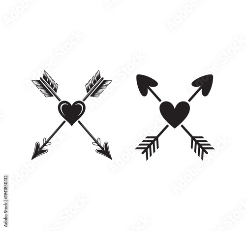 Crossed arrows with hearts icons, love symbol with classic and modern cupid arrows