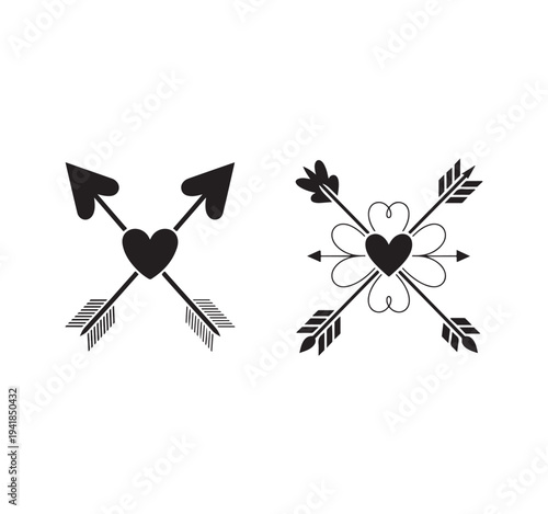 Crossed arrows with hearts and decorative elements, classic cupid's arrows with romantic flair