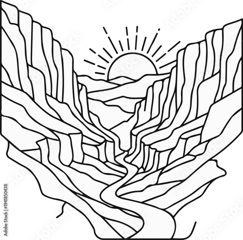 Stylized graphic of a river flowing through a sunlit canyon with layered rock formations