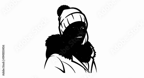 Stylized black and white portrait of a person wearing winter attire