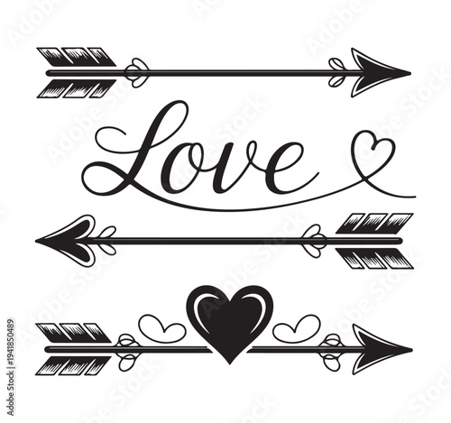 Four arrows word love heart graphic design element on white background
