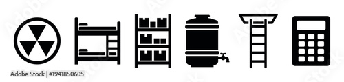 Collection of black vector icons depicting essential items for a doomsday survival bunker, featuring a bed, storage shelves, water container, hatch ladder, and keypad