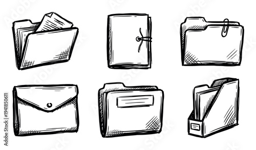 Set of six hand-drawn office folders and document holders in a black and white sketch style, including various designs like an envelope, portfolio, and paperclip detail