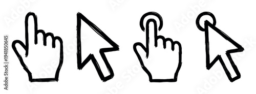 Hand-drawn black cursor icons set with arrow and hand pointers for clicking and tapping, illustrated in a rough, sketchy brush stroke style for web and user interface design