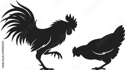 Silhouette Vector Illustration of a Proud Rooster and a Hen Together Isolated on White Background for Farm Poultry Graphic Design
