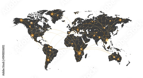 A minimalist dark grey world map with numerous glowing orange nodes is intricately connected by dashed golden lines across all continents on a clean white background.