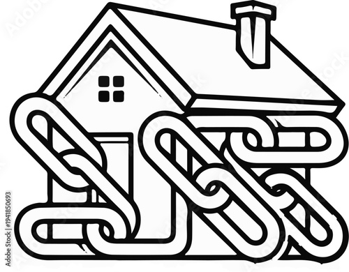Stylized house illustration with heavy chains wrapping around it