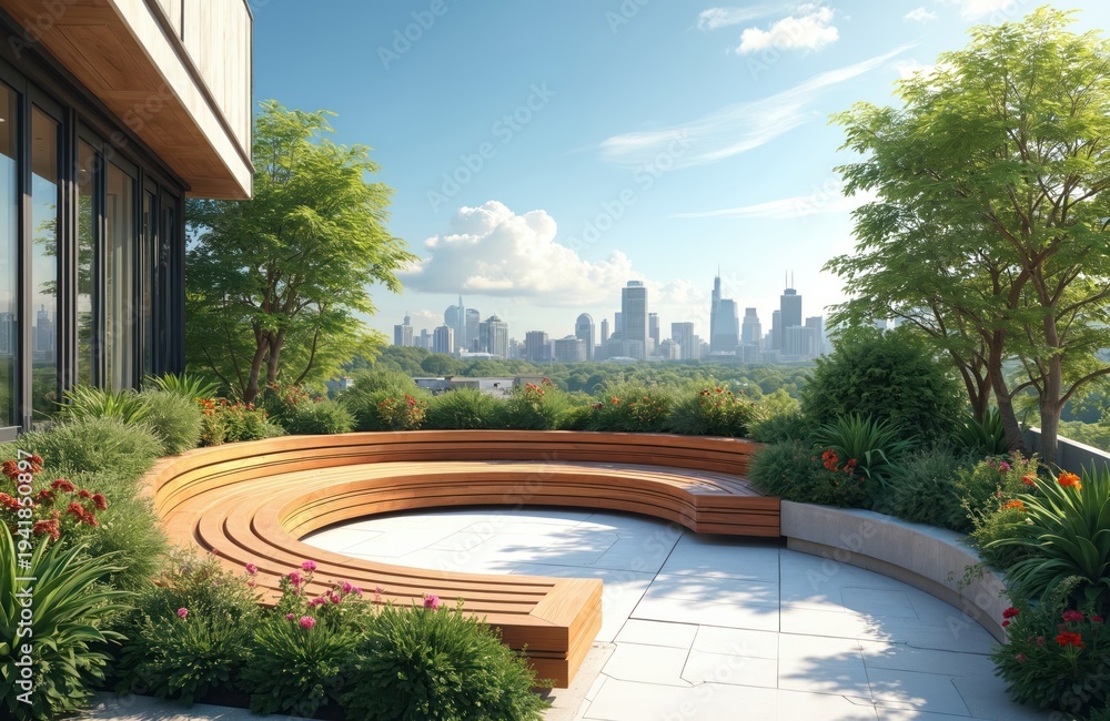 Naklejka premium Modern rooftop patio with curved wood seating overlooks city skyline. Green plants, trees surround outdoor space, offering peaceful urban retreat with scenic view. Perfect for relaxation,