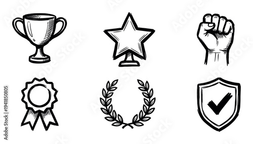 Set of six hand-drawn icons representing success and achievement includes a trophy, star, fist, medal, laurel wreath, and shield in a simple black and white sketch style
