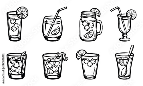 Collection of hand-drawn black and white drink illustrations showing various cocktails and lemonades in different glasses with ice, citrus garnishes, and straws