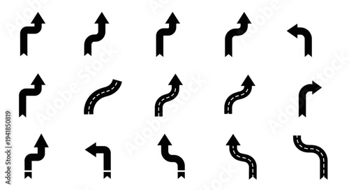 Collection of Black Arrow Icons Pointing in Various Directions.
