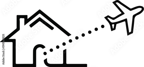 Stylized house with dotted line leading to an airplane in flight