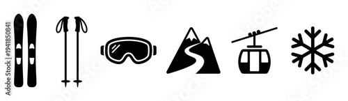 Collection of simple black ski resort pictograms showing equipment like skis, poles, and goggles with a mountain, lift, and snowflake symbol