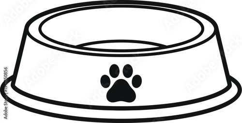 Simple black and white icon depicting an empty pet feeding dish featuring a small paw print graphic emblem.