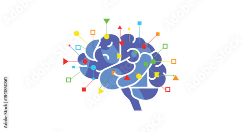 A stylized blue brain icon is centrally depicted with multiple colorful geometric shapes connected by lines, representing diverse inputs on a clean white background.