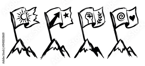 Set of four black ink flags with symbolic icons planted on mountain peaks, depicted in a rough, expressive hand-drawn brush stroke illustration style representing different ideologies