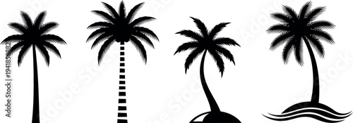 Set of four black palm tree silhouettes