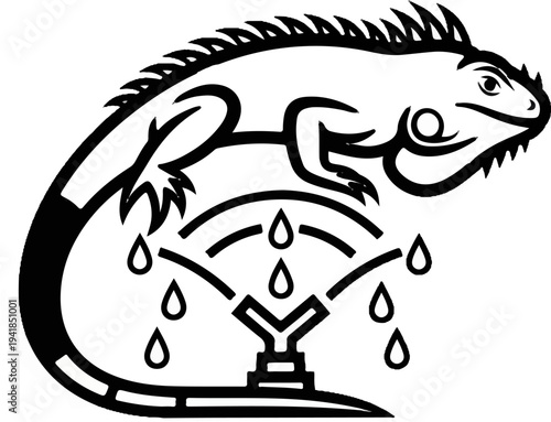 Stylized iguana with spouting water and wavy lines, black and white graphic