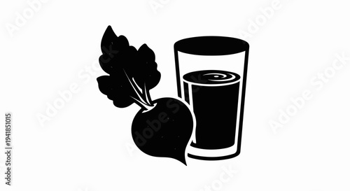 Stylized illustration of a beet with leafy greens next to a glass of dark juice