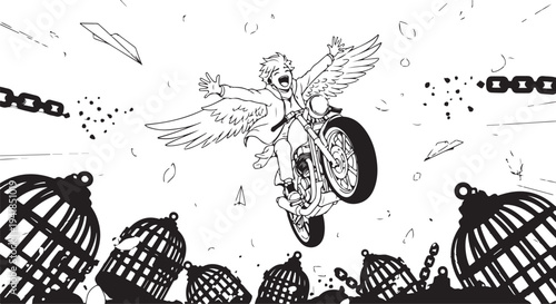 Vector illustration of winged angel riding unicycle escaping birdcages