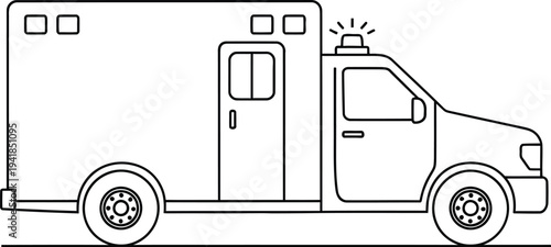 Clean line art illustration of an emergency medical service ambulance vehicle with a siren, providing essential healthcare and rescue operations.