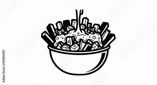 Stylized illustration of a bowl of loaded french fries with a fork