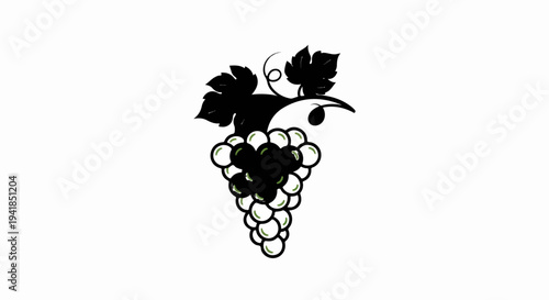 Stylized illustration of a dark grape cluster with green accents on a white background