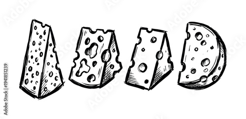 Four hand-drawn cheese slices with holes in a black and white sketch style illustration, showing different wedges and pieces of dairy food in a simple doodle graphic art set