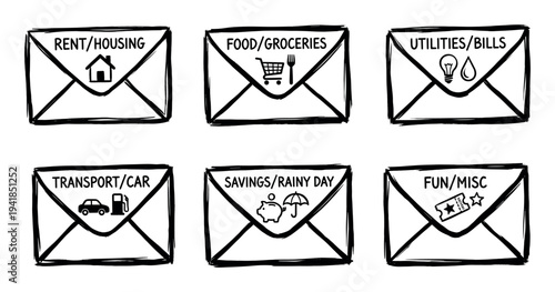 Six hand-drawn budget envelope illustrations in a sketchy doodle style represent different personal finance categories like rent, groceries, utilities, and savings