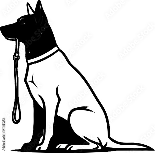 Stylized illustration of a black and white dog sitting with a leash