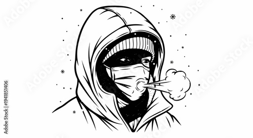Stylized illustration of a person in a hood and mask exhaling steam in cold weather
