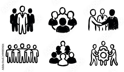Set of six hand-drawn business icons representing teamwork, leadership, partnership, and collaboration in a minimalist black and white sketch style for corporate concepts