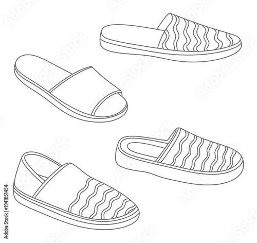 Line of four different types of slippers and slides