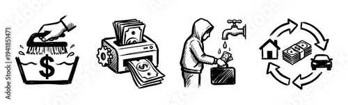 Set of four black ink money laundering icons showing the process of washing dirty cash, printing counterfeit bills, and integrating illegal funds into the economy