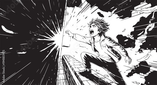 Black and white manga style comic book illustration of a man running