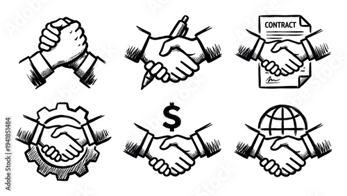 Hand-drawn business handshake icons set illustrating partnership, agreement, financial deals, global collaboration, and contract signing in a sketch doodle style