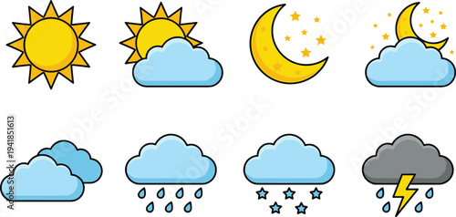 Cute cartoon weather icons set with sun cloud rain moon stars lightning isolated vector climate forecast symbols for kids education