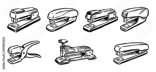 Collection of hand-drawn office staplers in various designs, including classic desktop, plier, and vintage models, rendered in a bold black ink sketch illustration style