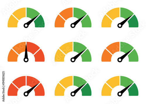 Collection of Nine Speedometer Gauges with Color-Coded Indicators
