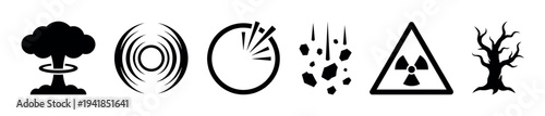 Set of black disaster icons representing nuclear explosion, shockwave, impact, falling debris, radiation hazard, and a dead tree, presented in a minimalist vector style