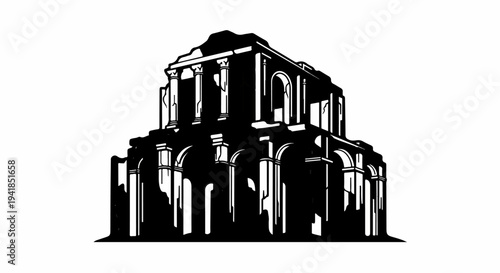 Stylized black and white silhouette of ancient ruins, showcasing arched doorways and columns