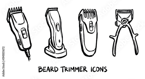 Four distinct hand-drawn beard trimmers are depicted in a clean, illustrative black and white sketch style, showcasing various grooming tools