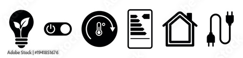 Collection of smart home energy efficiency icons, including a lightbulb with leaves, power switch, thermostat, energy label, house, and electrical plug, presented in a clean, minimalist vector style