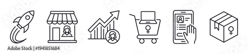 Set of black line icons representing female entrepreneurship, business startup, e-commerce growth, and online shopping concepts with a minimalist and modern design style